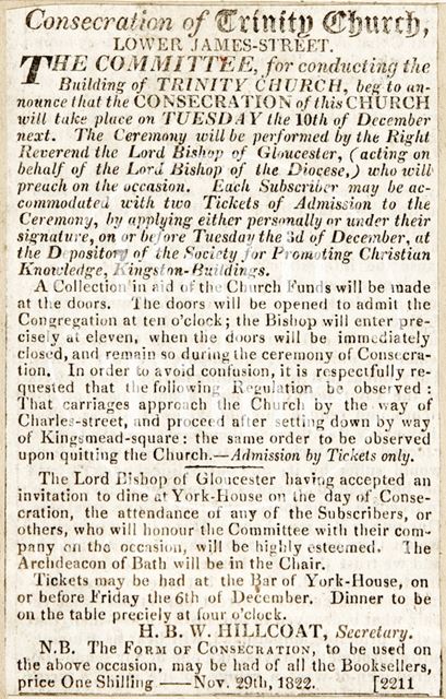 Consecration of the New Free Church (Holy Trinity Church), Lower James Street, Bath 1822