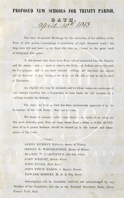 Proposed new schools for Trinity Parish, Bath 1853