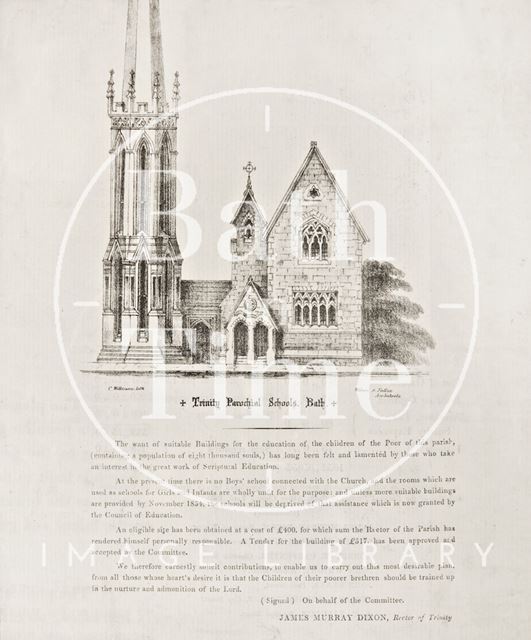 Notice announcing a site has been found for Trinity Parochial School, Bath 1853