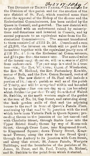 The division of Trinity Parish, Bath 1869