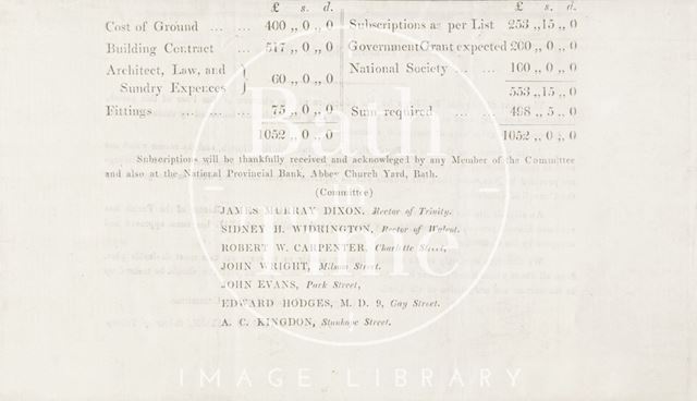 Notice announcing a site has been found for Trinity Parochial School, Bath 1853 - verso