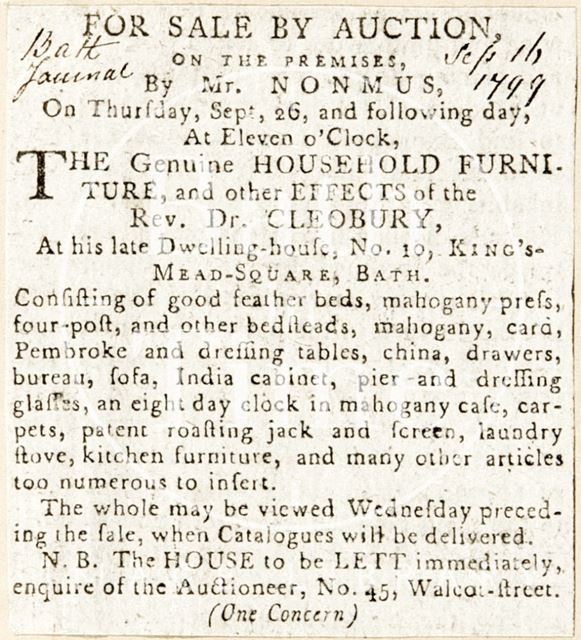 Auction of the effects of the late Rev. Dr. Cleobury 1799