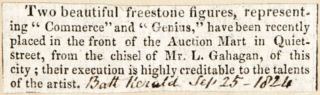 Two stone figures at the auction mart in Quiet Street, Bath 1824