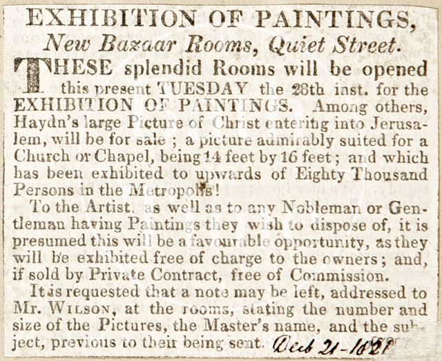 Exhibition of paintings, New Bazaar Rooms, Quiet Street, Bath 1821