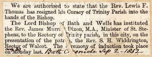 Resignation of the Rev. Lewis F. Thomas 1852