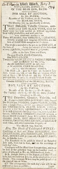 Auction notices for the contents of the Bear Inn, Bath 1794