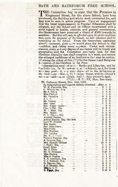 Fundraising for the Bath and Bathforum Free School 1853