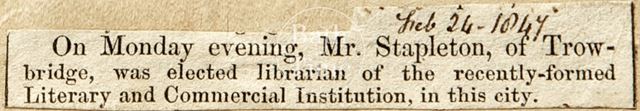 Appointment of a librarian at the Literary and Commercial Institution, Bath 1847