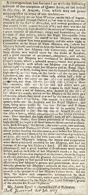 Account of the reception of Queen Anne in Bath 1817