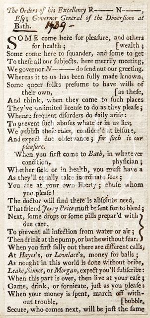 The orders of his Excellency Richard Nash, Bath 1739