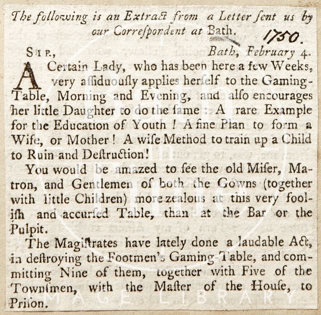 Extract from a letter complaining of a particular lady who gambles too much 1750