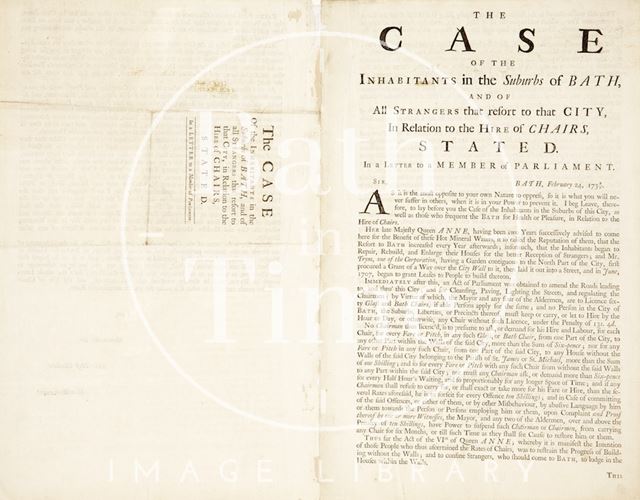 The Case of the Inhabitants in the Suburbs of Bath and of all Strangers that resort to that City, in Relation to the hire of Chairs 1739