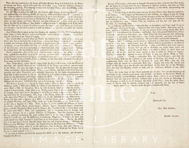 The Case of the Inhabitants in the Suburbs of Bath and of all Strangers that resort to that City, in Relation to the hire of Chairs 1739 - verso