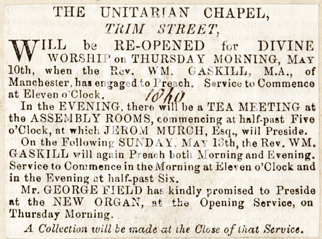 Reopening of the Unitarian Chapel, Trim Street, Bath 1860