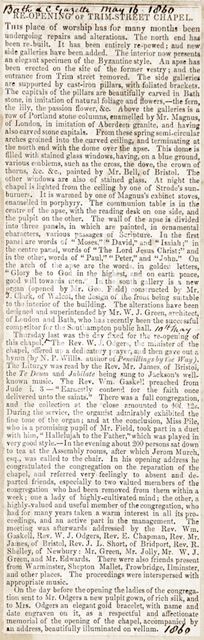 Reopening of the Unitarian Chapel, Trim Street, Bath 1860