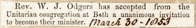 New Minister for the Unitarian Chapel, Bath 1853