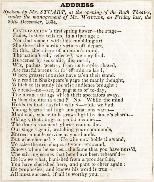 Address spoken by Mr. Stuart at the opening of the Bath Theatre 1834