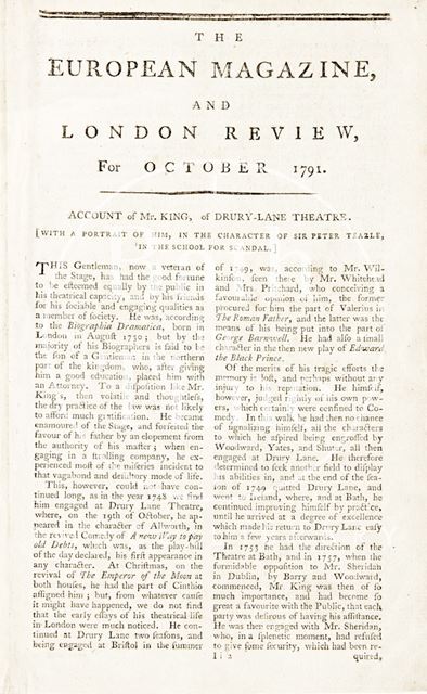 Account of Mr. King of Drury Lane Theatre 1791