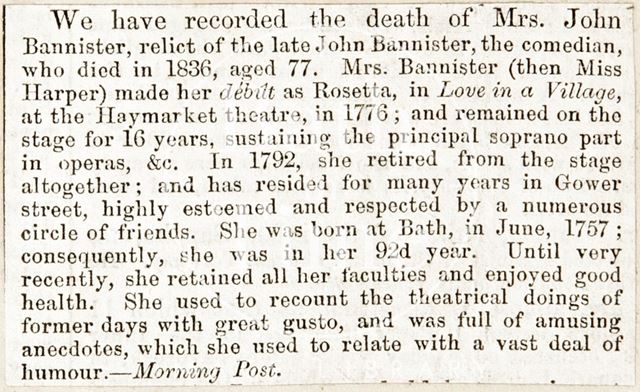 Obituary of Mrs. John Bannister 1849