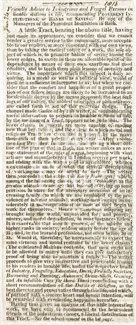 Friendly Advice to Industrious and Frugal Persons in Humble Stations in Life, recommending Provident Insitutions or Banks of Saving 1816