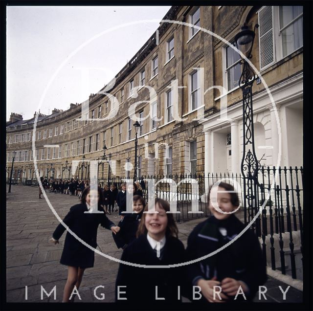 Snowdon. School children in Lansdown Crescent, Bath 1972