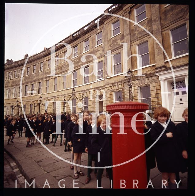 Snowdon. School children in Lansdown Crescent, Bath 1972