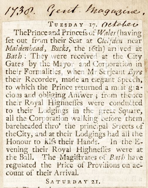 The arrival of the Prince and Princess of Wales to Bath 1738