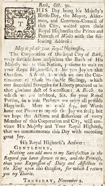 The Corporation of the City of Bath addresses the Prince of Wales celebrating his birthday 1738