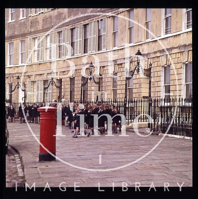 Snowdon. School children in Lansdown Crescent, Bath 1972