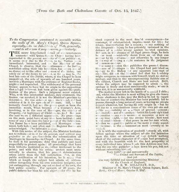 Plans to stop marriage ceremonies at St. Mary's Chapel, Queen Street, Bath 1847