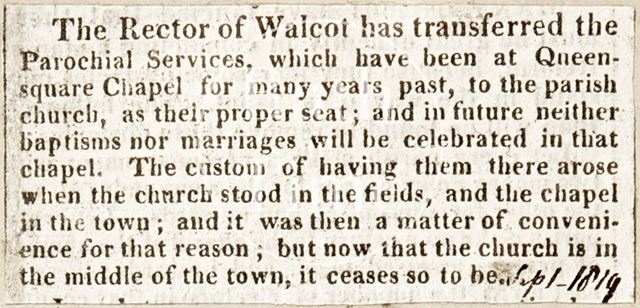 The Rector Walcot had transferred from Queen Square Chapel to the Parish Church, Bath 1819