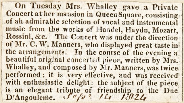 A private concert of Mrs. Whalley, who lived in Queen Square, Bath 1824