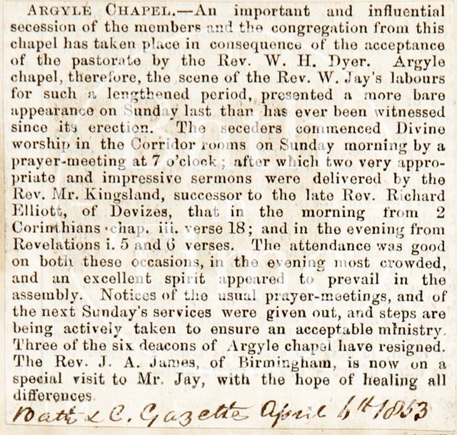 A new reverend at Argyle Chapel, Bath 1853