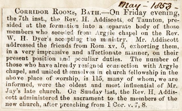 Loss of congregation from the Argyle Chapel, Bath 1853