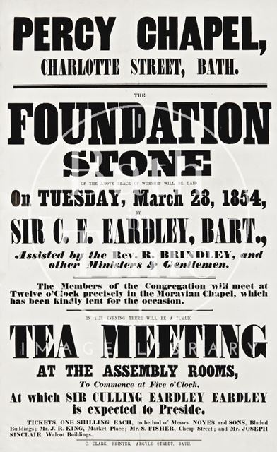 Poster for Percy Chapel announcing the laying of the foundation stone in Charlotte Street, Bath 1854