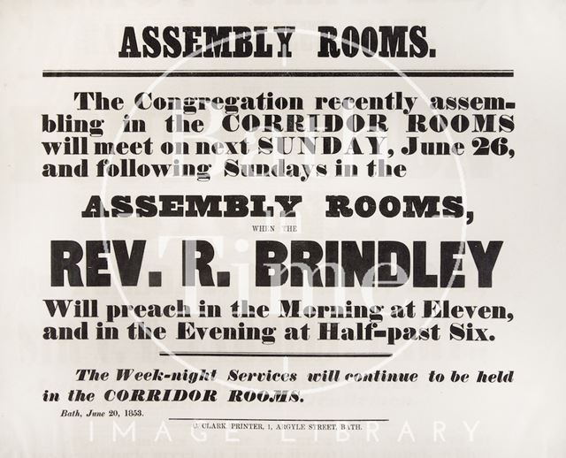 Poster announcing a meeting at the Assembly Rooms by Rev. R. Brindley, Bath 1853