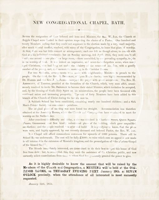 A pamphlet for the New Congregational Chapel, Bath 1854