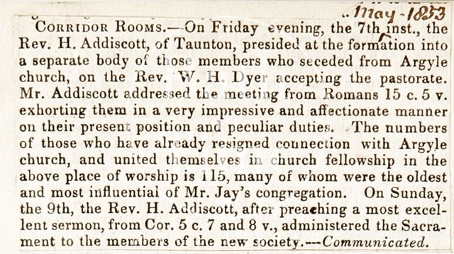 The Rev. W.H. Dyer and the Argyle Chapel, Bath 1853