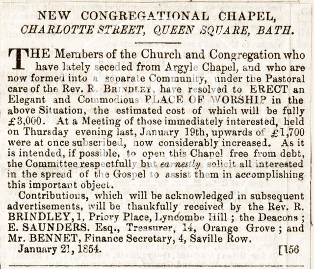 New Congregational Church, Charlotte Street, Bath 1854