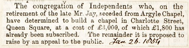 A new chapel on Charlotte Street, Bath 1854