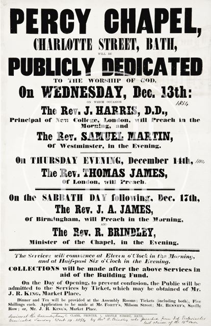 A poster for the Percy Chapel, Charlotte Street, Bath 1854