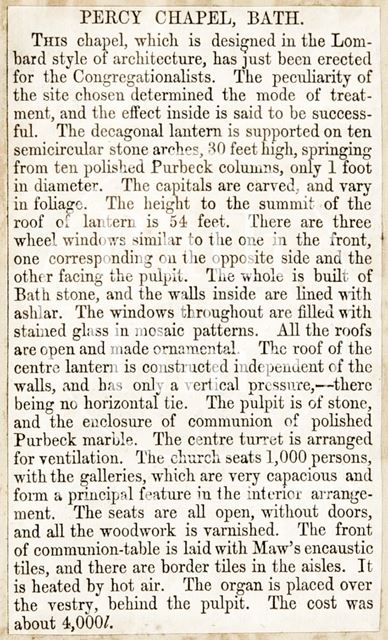 The exterior of Percy Chapel, Charlotte Street, Bath c.1854