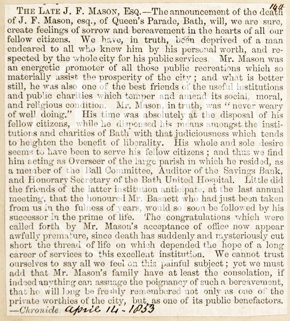 The death of J.F. Mason of Queen's Parade, Bath 1853