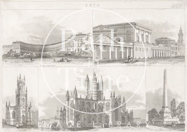 A collection of images including Royal Crescent, King's Bath and Pump Room, St. Stephen's Church, Bath Abbey and Royal Victoria Park obelisk 1850