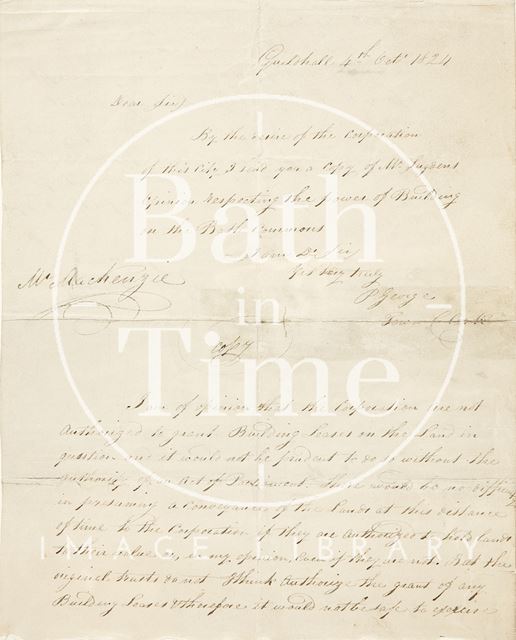 A letter to Mr. Mackenzie from Edward Sugdon copied out by Page George (town clerk) concerning building on the Bath Commons 1834