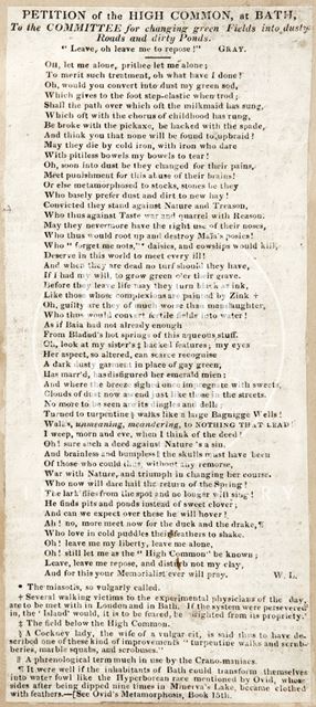 The petition of the High Common at Bath to the Committee for changing green fields into roads c.1840-1850