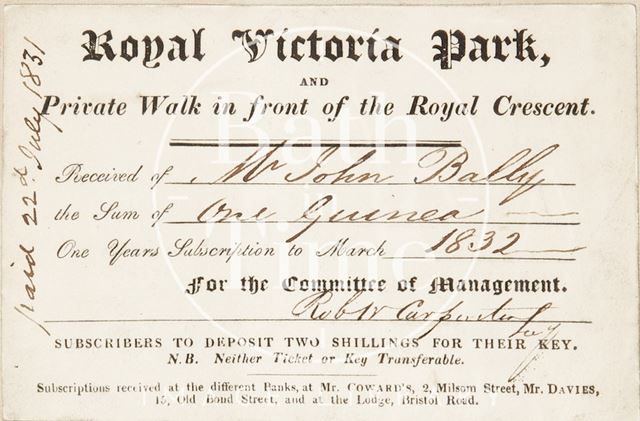 A subscription ticket to the Royal Victoria Park, Bath 1831