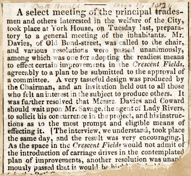 A meeting of the Principle Tradesmen to decide on the improvements on the Crescent Fields, Bath 1829