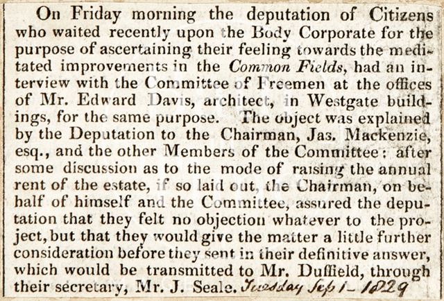 A meeting of the Committee of Freemen with the architect Mr. Edward Davis to discuss raising annual rent, Bath 1829