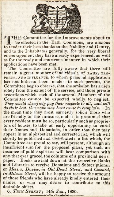 Subscriptions to fund the improvements to the Bath Commons, Bath 1830